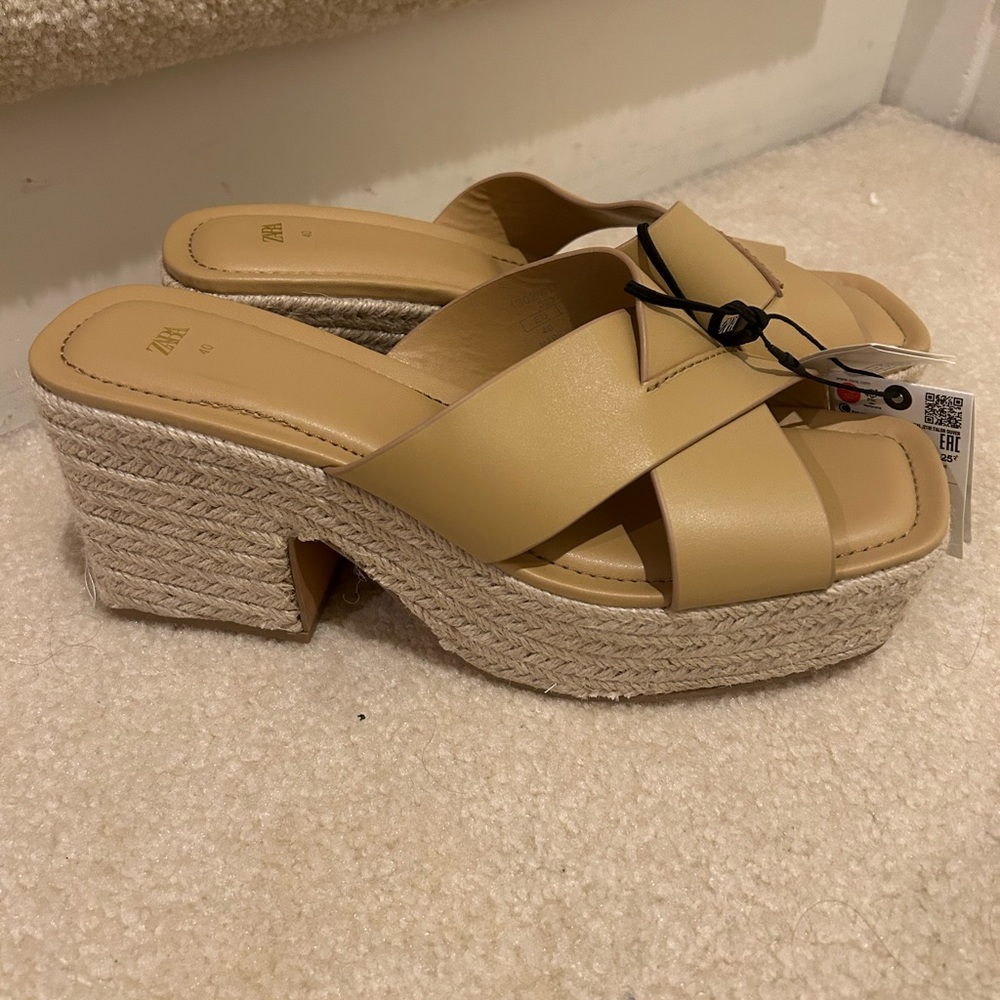 NWT Zara Tan Leather Suede Chunky Block Platform Espadrille Slip On Heels SZ 40